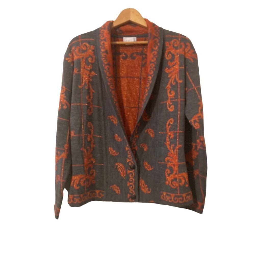 Georgiou Womens Vintage Sweater Cardigan Metallic Orange Grey Cool Buttons XS